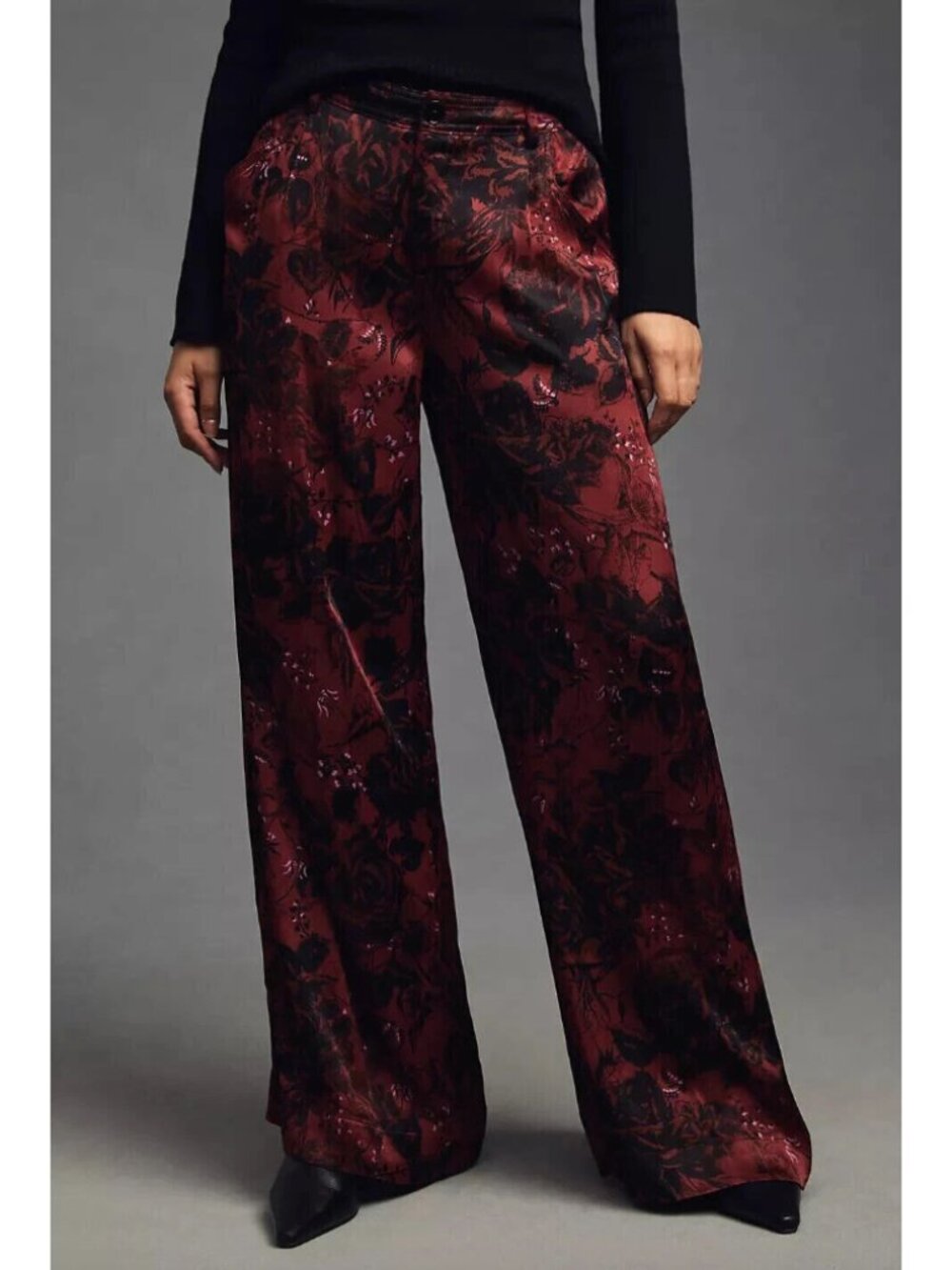 Anthropologie Low-Rise Wide Leg Satin Floral Trousers Size 16W